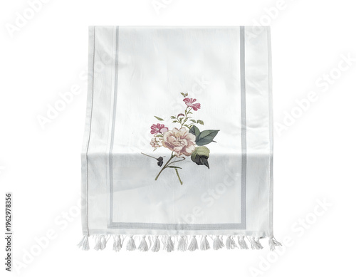 Elegant floral-patterned fabric runner with fringed ends
