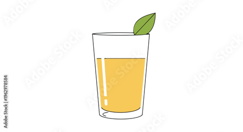 Simple illustration of a cool drink in a clear glass with an elegant green leaf decoration on the rim