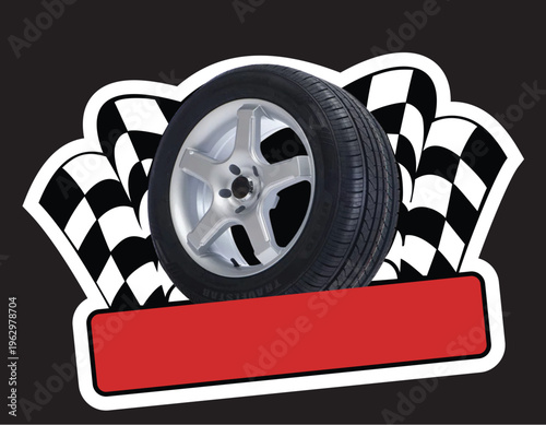 Automotive Service Logo Badge with Car Tire and Racing Checkered Flag