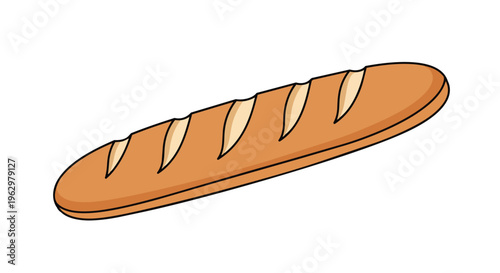 A clear, charming illustration of a golden baguette, displaying its diagonal cuts, conveying freshly baked bread and simple culinary delights