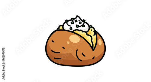 A delightful cartoon illustration of a perfectly baked potato, generously topped with fluffy sour cream and fresh chopped chives, presented simply