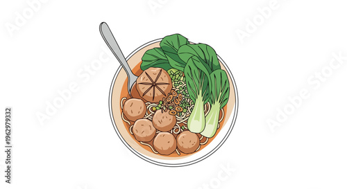 A vibrant hand-drawn vector illustration showcases a comforting bowl of delicious Asian noodle soup, complete with savory meatballs, fresh green