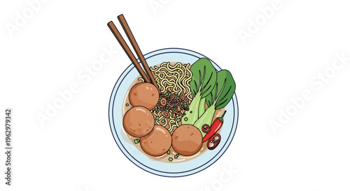 Delicious illustration of traditional asian noodle soup with succulent meatballs and fresh greens