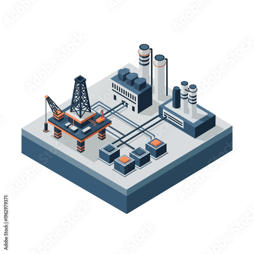 Isometric illustration of an offshore oil rig connected to a processing plant and storage facilities, representing the oil and gas industry.