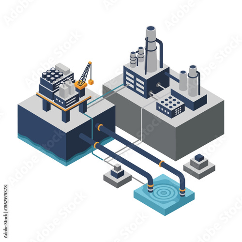 Isometric illustration of an offshore oil rig connected by pipelines to an onshore industrial processing plant and water intake system.