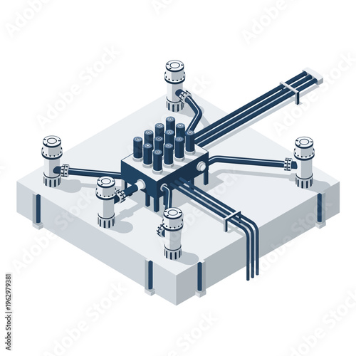 Isometric illustration of a complex industrial manifold system with multiple pipes and valves on a concrete platform.