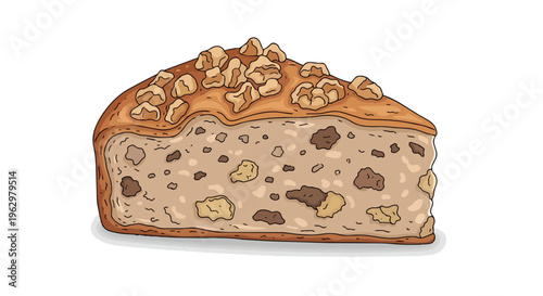 A visually appealing hand-drawn illustration depicting a delicious slice of baked treat adorned with crunchy walnuts a perfect snack or dessert