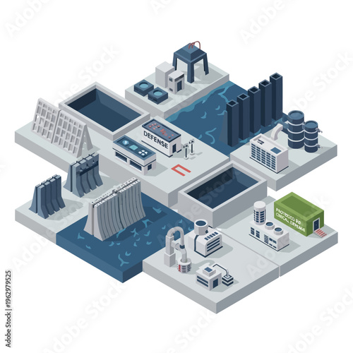 Isometric illustration depicting a complex industrial water management and power generation system with various components and structures.
