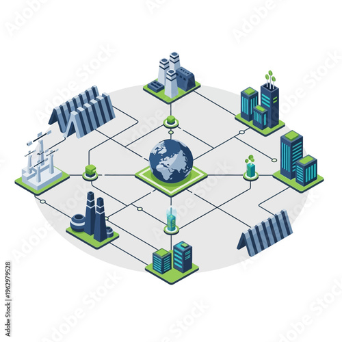 Illustration of a global network connecting various industrial and urban facilities around a central earth icon, symbolizing interconnectedness and digital infrastructure.