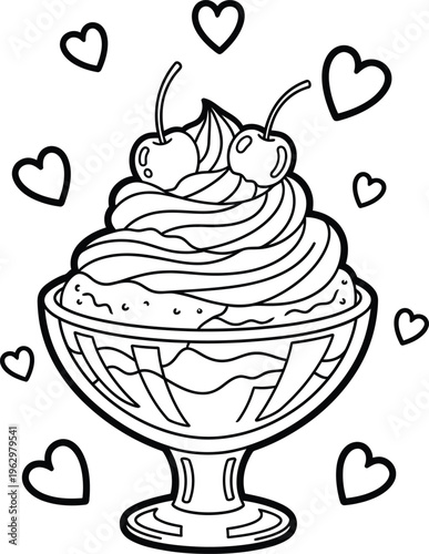 Color page of isolated ice cream sundae with cherries and hearts on transparent background