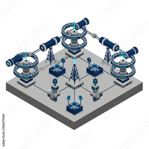 Futuristic technological complex with advanced communication towers and telescopes, representing a sophisticated network of scientific research and data transmission.