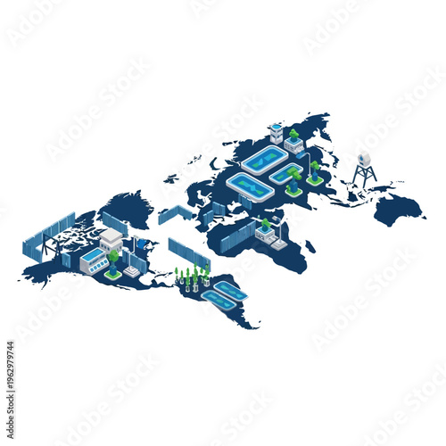 Global network of industrial facilities and technological infrastructure depicted on a world map illustration.