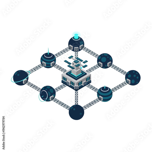 Abstract representation of a futuristic decentralized network system with interconnected nodes and a central processing unit.