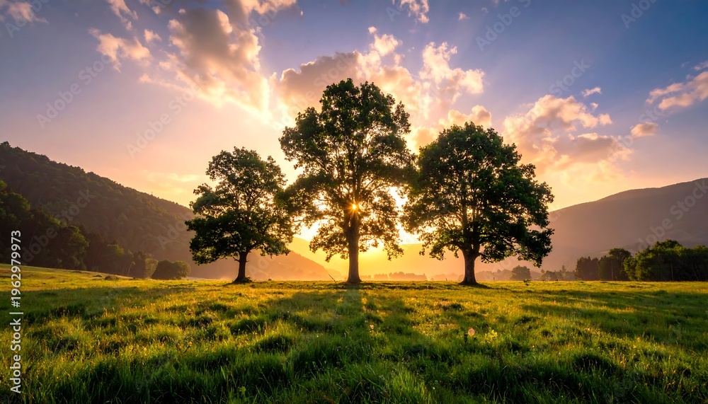 Fototapeta premium Three trees silhouetted against a golden sunset in a green field