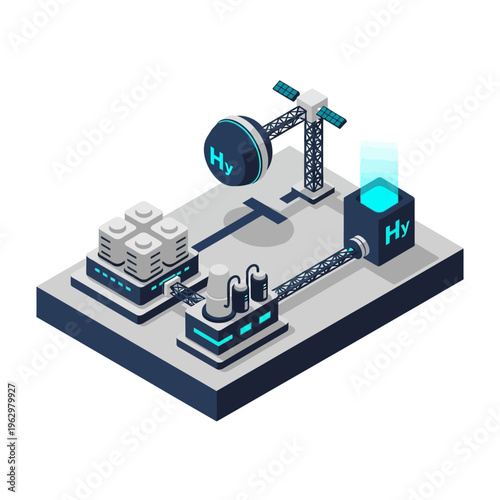 Futuristic industrial complex showcasing advanced hydrogen production, storage, and distribution systems with glowing blue accents.