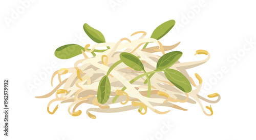 A delightful heap of fresh, vibrant bean sprouts, showcasing their healthy, crisp texture and tender green leaves, perfect for nutritious culinary