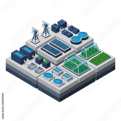 Isometric illustration of a sustainable energy and agriculture system, showcasing solar panels, wind turbines, greenhouses, and water treatment facilities.