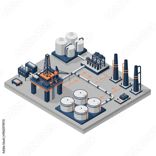 Isometric illustration of an offshore oil rig and refinery complex, showcasing the industrial process from extraction to storage and processing.