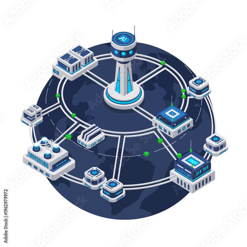 Global network of interconnected futuristic buildings and data centers orbiting a stylized planet Earth, representing advanced technology and communication systems.