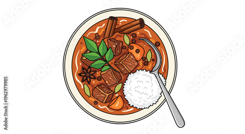 Hearty traditional braised meat dish with fluffy rice and exotic spices top view illustration