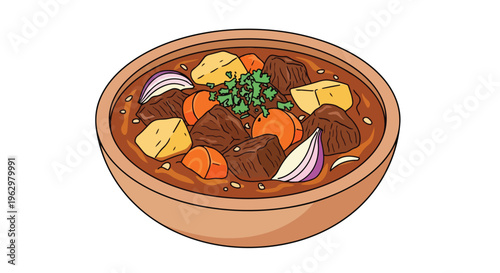 Warm hearty beef stew cartoon. Tender meat, chunky potatoes, sweet carrots, red onions, fresh parsley in rustic bowl, perfect comfort food imagery.