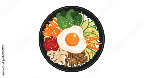 Vibrant illustrated traditional Asian rice bowl featuring fresh garden vegetables, savory mushrooms, a perfectly cooked fried egg, and spicy