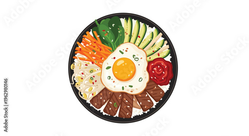 A vibrant, balanced meal illustration featuring a golden fried egg, tender meat slices, crisp vegetables, and rich sauce over rice. A wholesome