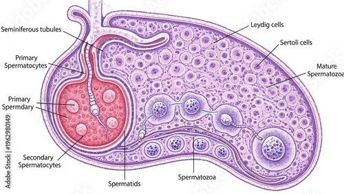 Detailed cross‑section of a seminiferous tubule in the testis showing spermatogonia, primary and secondary spermatocytes, spermatids, spermatozoa, Sertoli cells and Leydig cells involved in spermatoge