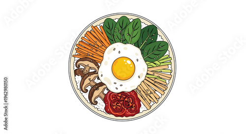 Vibrant Korean-inspired bowl featuring a sunny-side up egg and an array of fresh vegetables atop fluffy rice