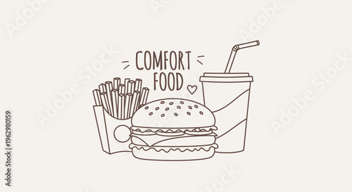 Delicious comfort food illustration featuring a burger, fries, and a drink