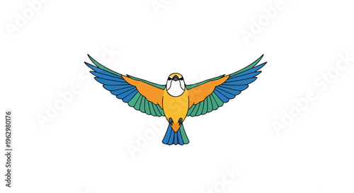 Vibrant tropical bird illustration in mid-flight with outstretched colorful wings a stunning emblem of freedom and exotic avian beauty on a pristine