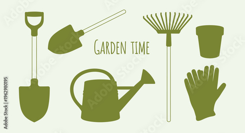 Gardening Tools and Supplies Shovel, Watering Can, Rake, Gloves, and Pot