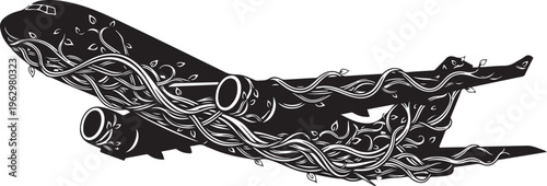 Black airplane entangled with white vines and leaves