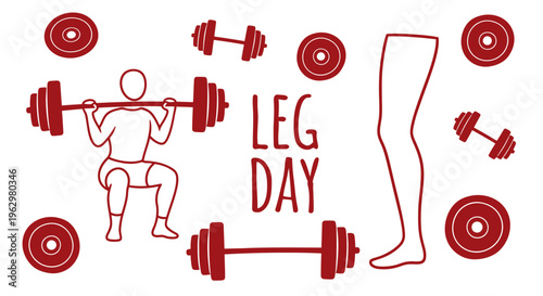 Leg Day" Fitness Workout Vector Illustration with Bodybuilder Squatting, Dumbbells, and Weight Plates for Gym Training Concepts