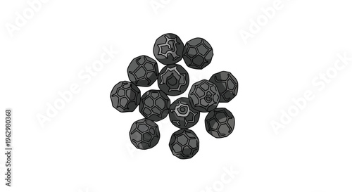 Stylized heap of textured dark grey spherical forms against a clean isolated white backdrop