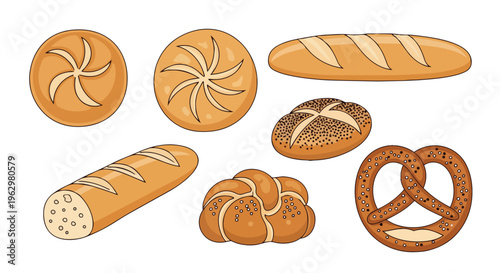 An extensive collection of delicious freshly baked artisan bread and assorted pastry illustrations showcasing different forms and textures ideal for