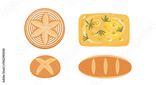 Artisan Breads Collection Vector Illustration Featuring Diverse Loaves Including Focaccia with Rosemary and Olive Oil Plus Decorative Scoring