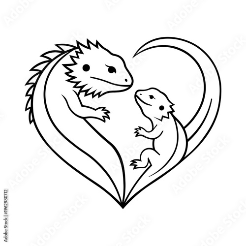 Mother and Baby Bearded Dragon Heart Shape Illustration. Cute Reptile Family Love, Mother’s Day Concept.