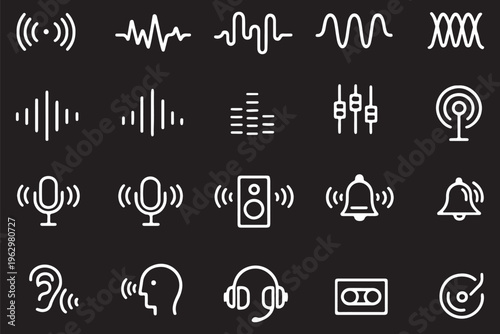 Thin line icon set of sound audio wave waves waveform ear music speaker mic microphone equlizer headphone.