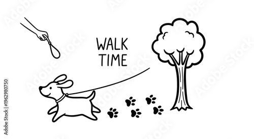 Charming hand-drawn sketch of a cheerful dog on a leash, enjoying a leisurely outdoor walk with its owner, leaving behind a trail of paw prints