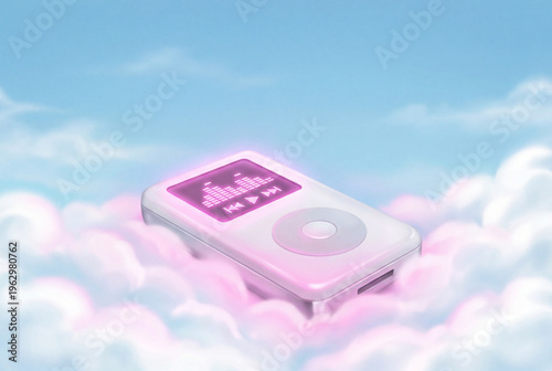 Retro music player with glowing screen in pink clouds and blue sky