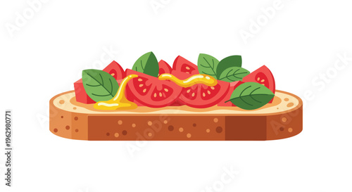 Vibrant bruschetta illustration showcasing fresh tomatoes, basil, and a drizzle of golden oil. A simple yet elegant culinary design element.