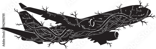 Black airplane with vines growing through it silhouette