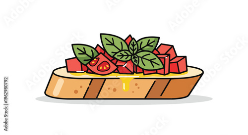 Vibrant illustration of fresh bruschetta, topped with ripe tomatoes, basil, and olive oil on rustic bread.