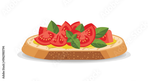 Vibrant illustration of a delicious bruschetta, featuring fresh red tomato slices and aromatic green basil leaves on golden-brown toasted bread,
