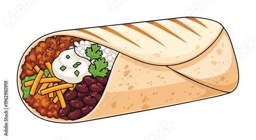 Vibrant cartoon depiction of a savory burrito filled with classic Mexican ingredients a delicious hearty meal