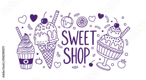 Playful hand-drawn sweet shop banner illustration featuring various ice cream cones, sundaes, and cupcakes, perfect for confectionery branding, menus, or dessert promotions