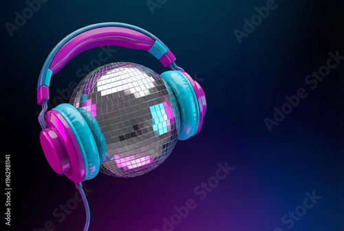 Disco ball wearing colorful headphones on a dark background