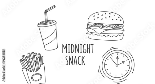 Hand-drawn line art illustration set depicting popular fast food items like a burger, fries, and a drink, accompanied by a clock, symbolizing late-night cravings and quick meal options