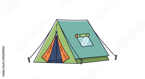 Colorful A-frame camping tent illustration with open flap inviting outdoor adventures and wilderness exploration